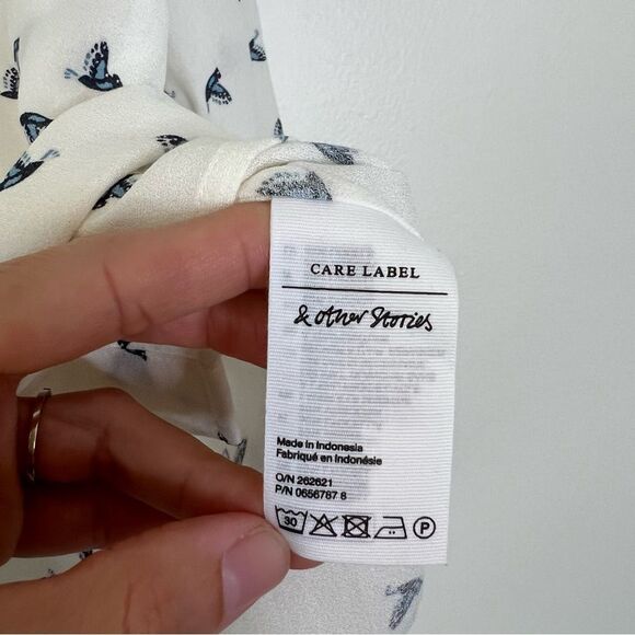 & Other Stories Bird Print Long Sleeve Button Up Shirt Blouse Size 4 in White - Picture 8 of 9